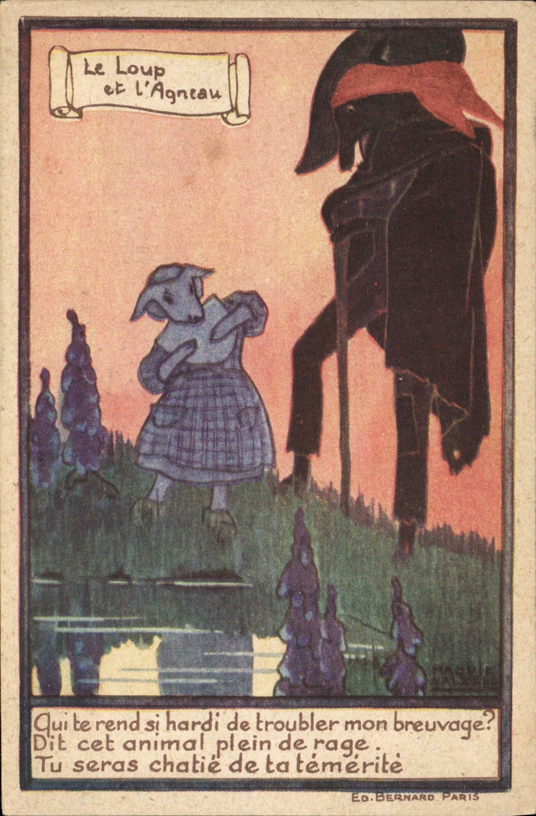 VINTAGE POSTCARD Fantasy Illustrator the wolf and the lamb