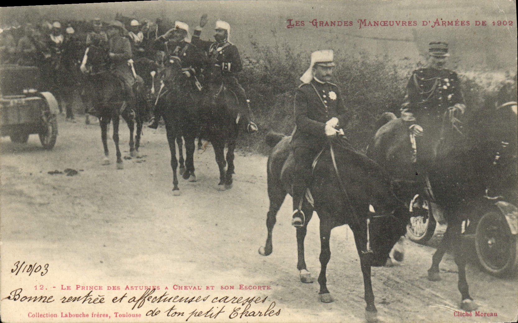 CPA Militaria Les grandes manoeuvres d'armees de 1902 Le prince des Asturies a cheval et son escorte
