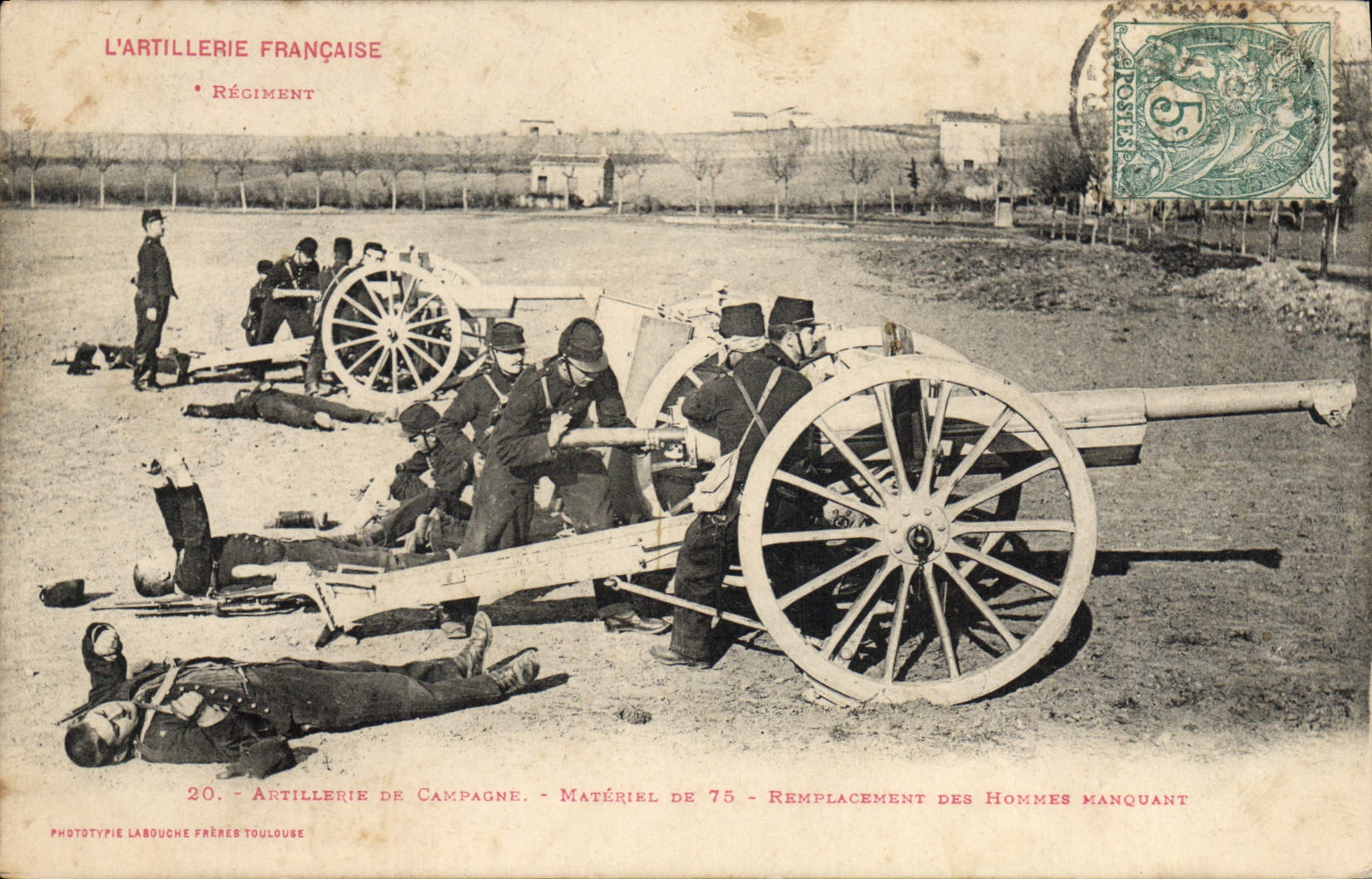 VINTAGE POSTCARD Militaria Field artillery Material of 75 missing Replacement of the men
