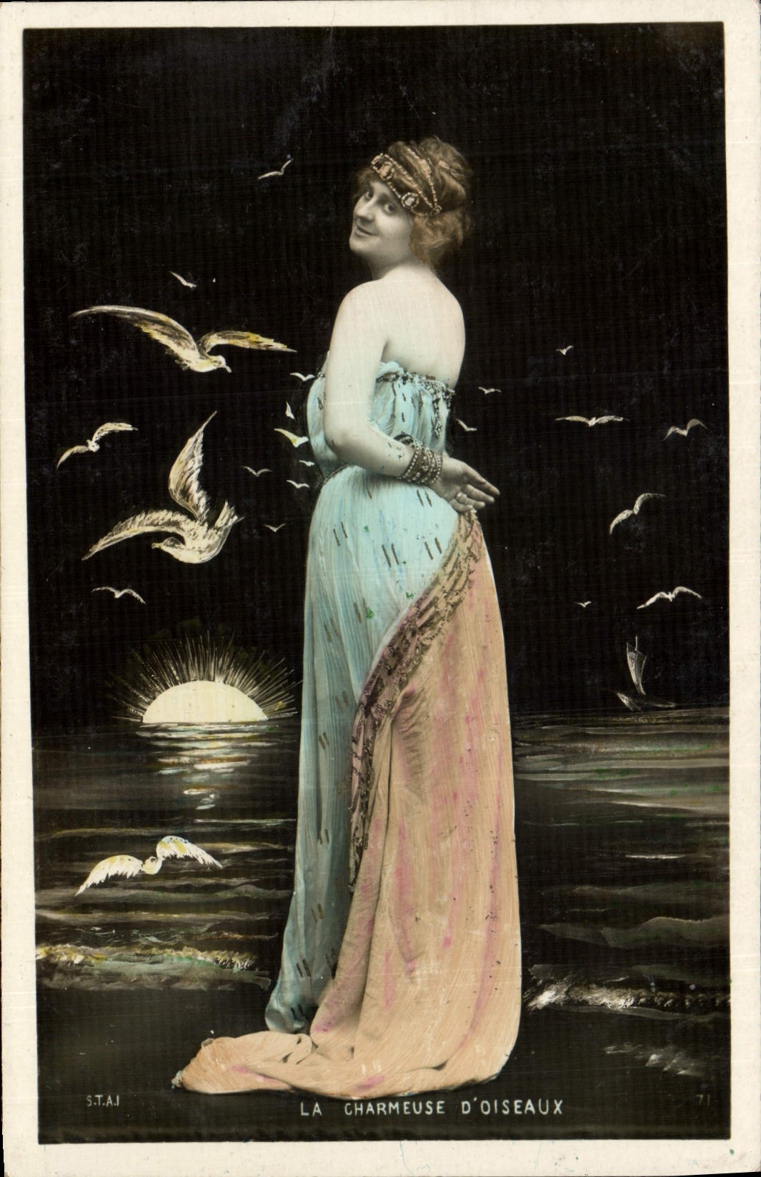 VINTAGE POSTCARD Fantasy Woman the charming lady of birds