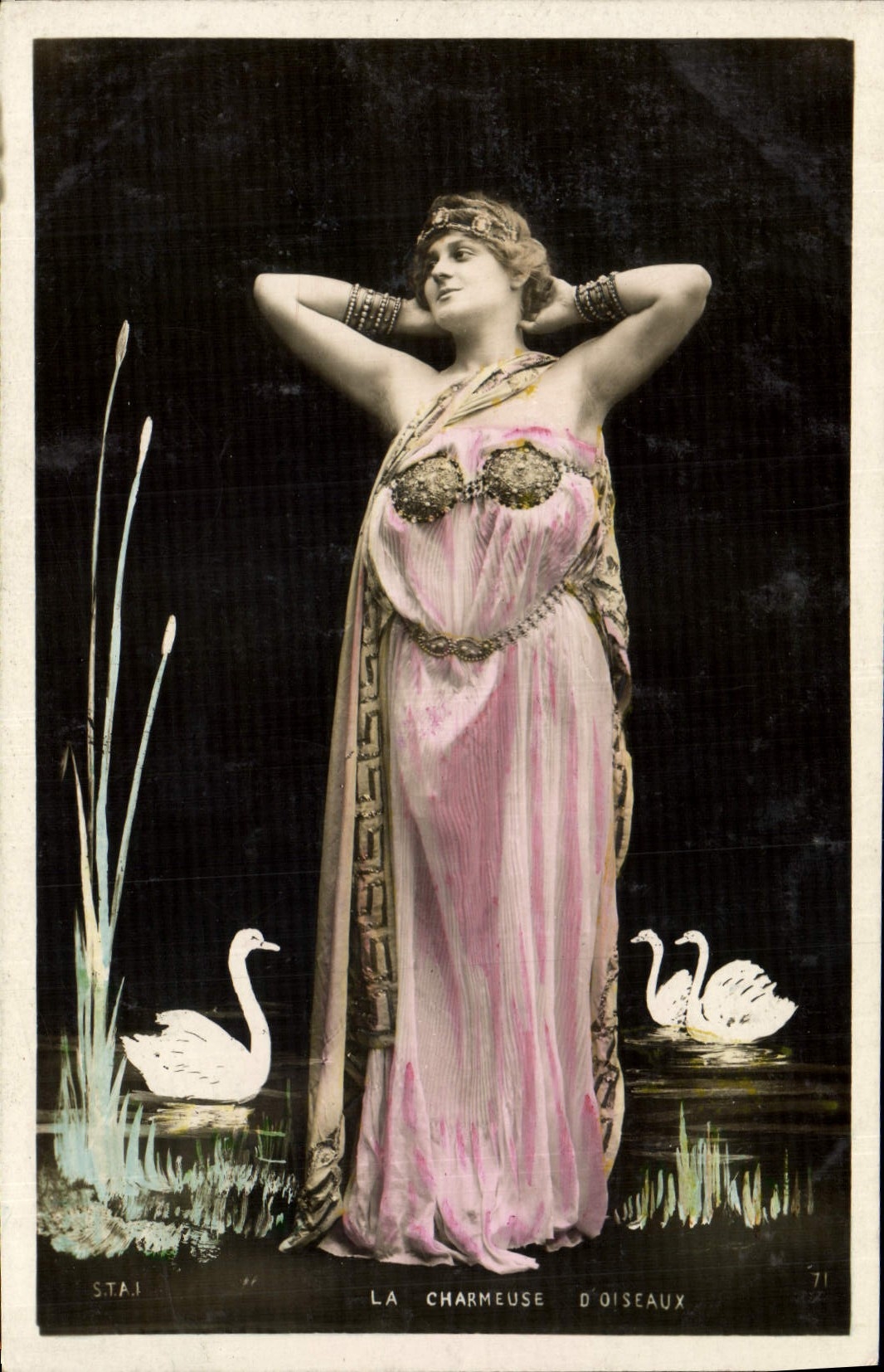 VINTAGE POSTCARD Fantasy Woman the charming lady of birds Swan