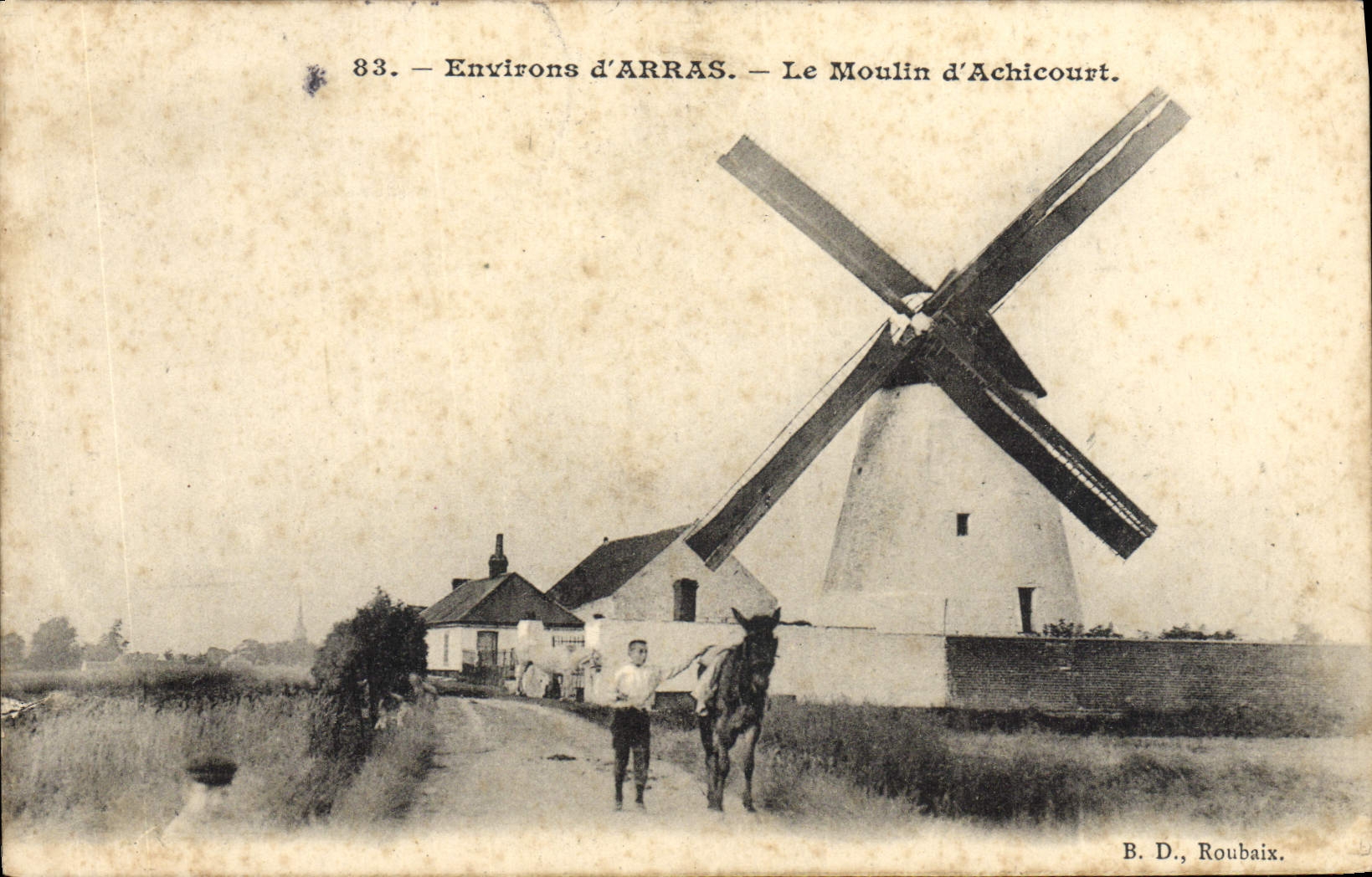 VINTAGE POSTCARD Windmill Surroundings of Arras the mill of Achicourt Ass Mule