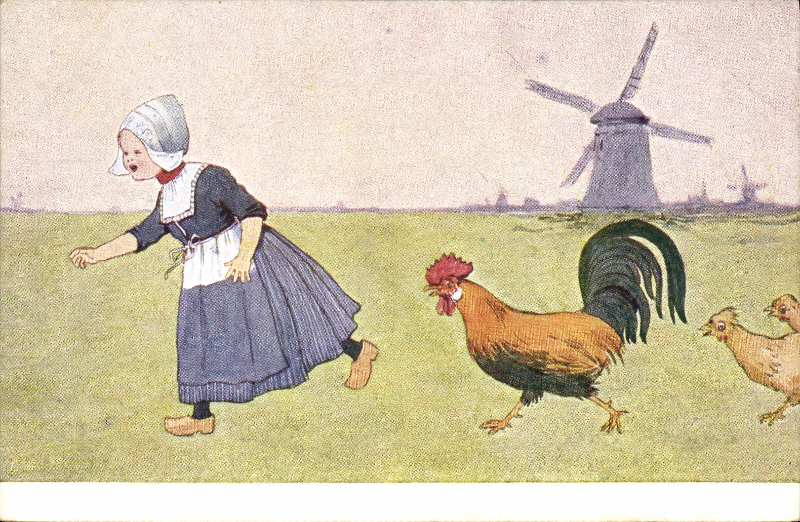 CPA Moulin a vent Enfant Coq 