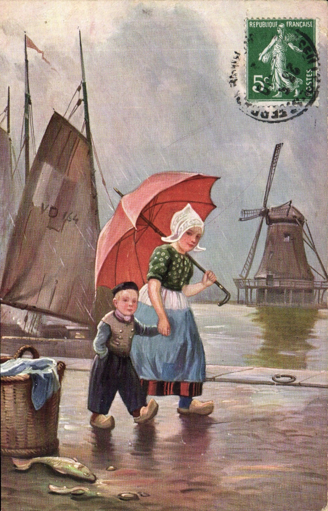 VINTAGE POSTCARD Windmill Child wife