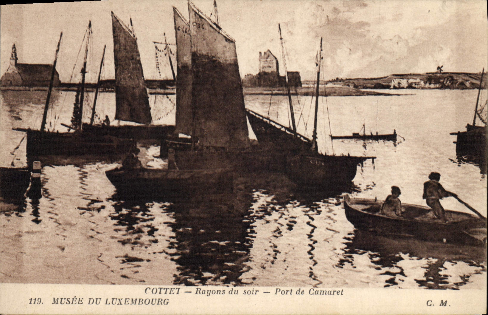 VINTAGE POSTCARD Bateau Fishes Cottet Rayons of the Port evening of Camaret Musee of Luxembourg