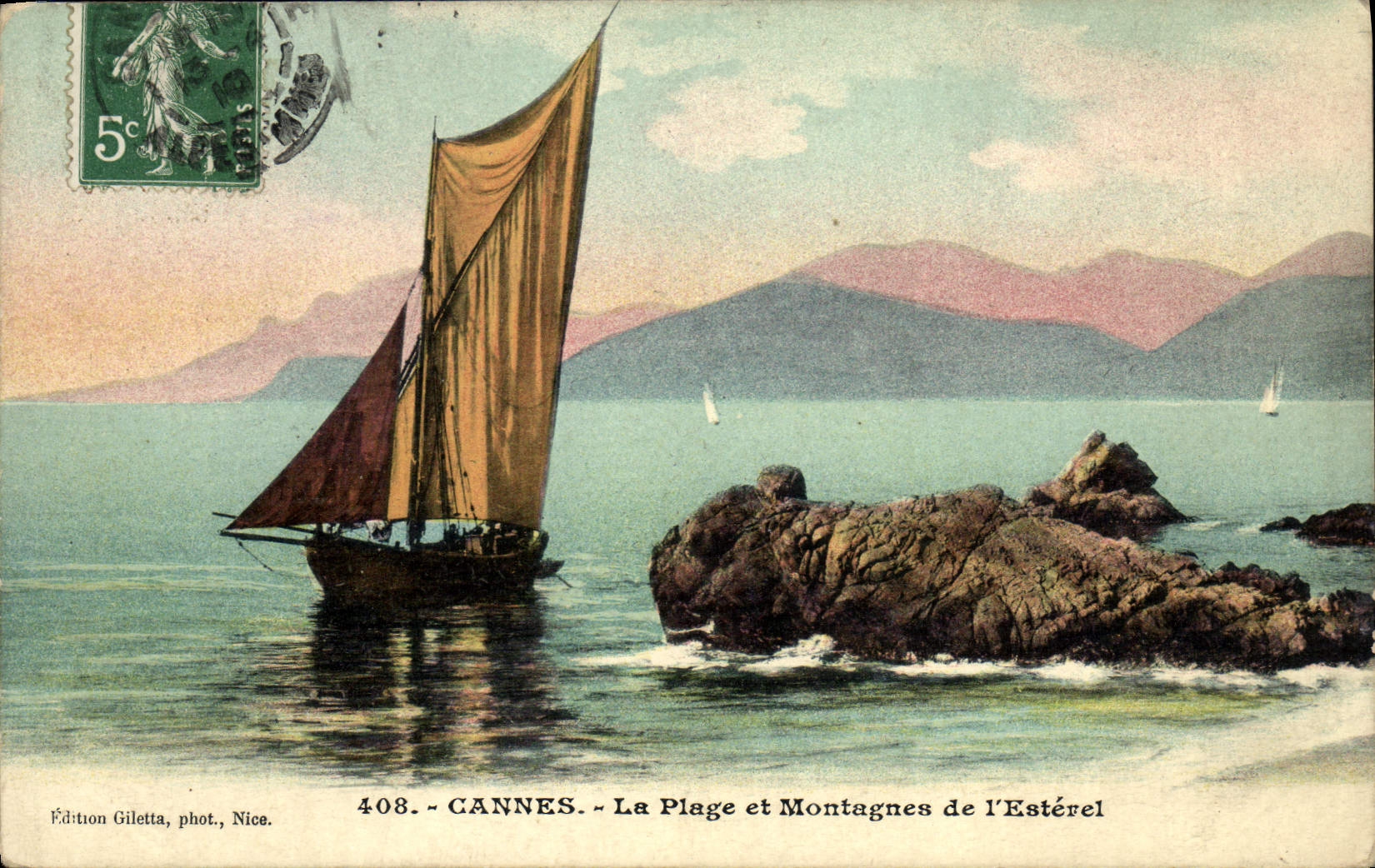 VINTAGE POSTCARD Bateau Fishes Cannes the beach and mountains of Esterel