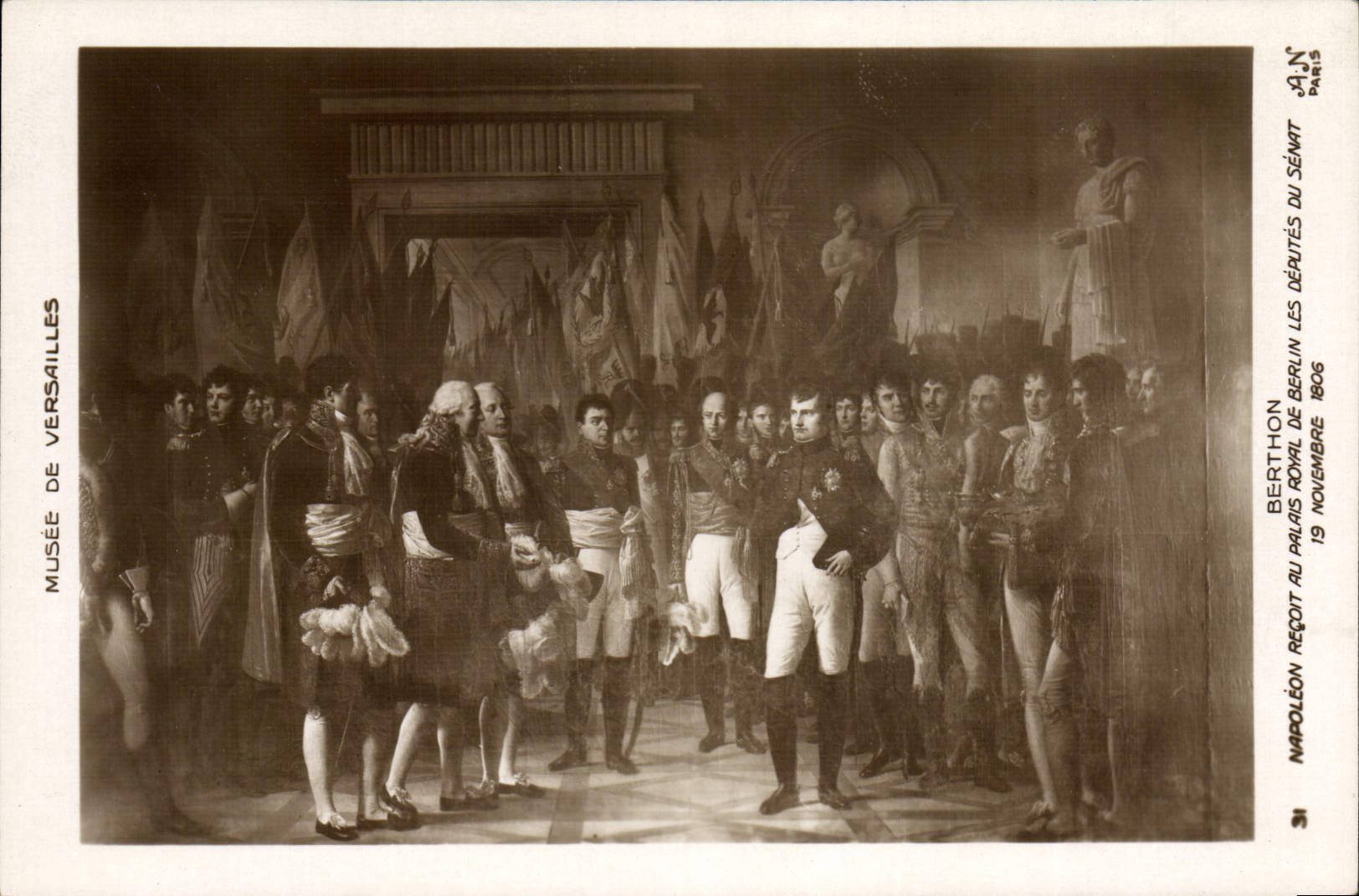 La POSTAL Napoleon 1r Berthon Napoleon de la VENDIMIA recibe con el palacio real de Berlín a diputados del senado