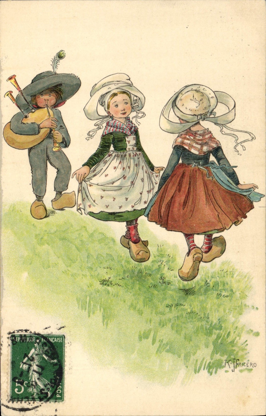 Folklore de Bretaña de los niños del ilustrador de la fantasía de la POSTAL de la VENDIMIA