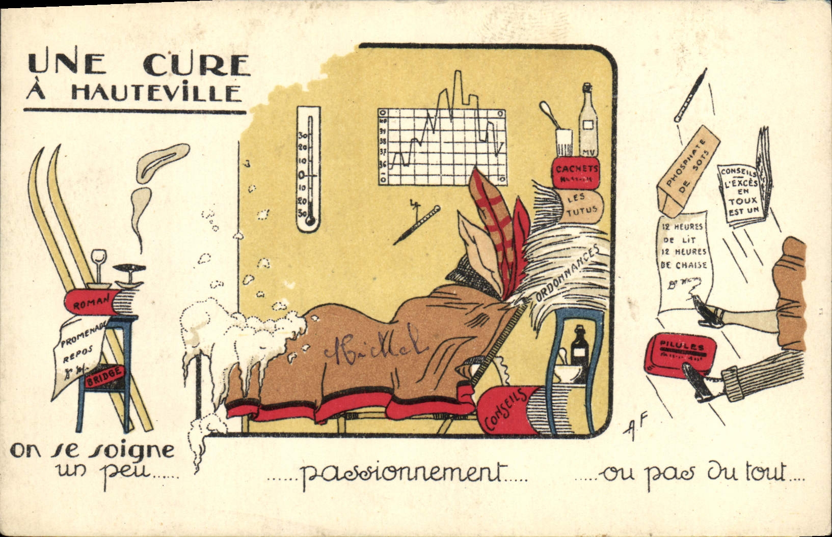 VINTAGE POSTCARD Fantaisie Illustrator a cure has Hauteville Ski