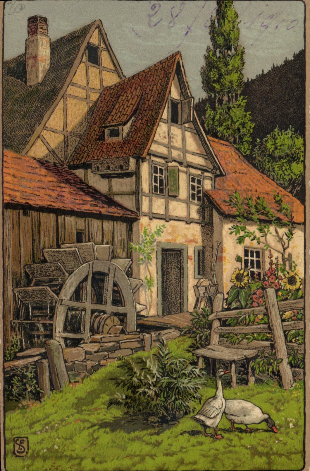 VINTAGE POSTCARD Fantaisie Illustrator House Water mill