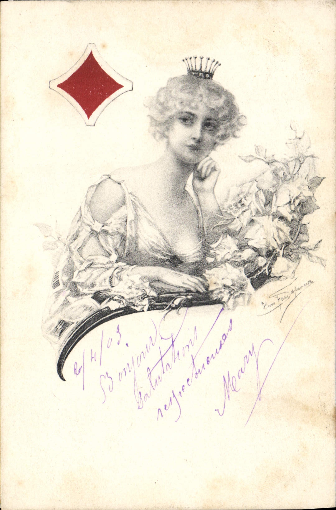 VINTAGE POSTCARD Fantasy Illustrator Woman Chart Square