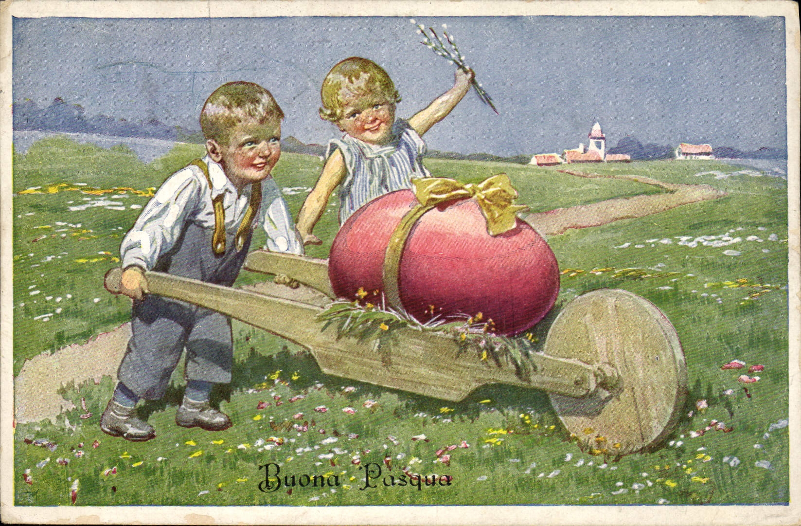 VINTAGE POSTCARD Fantasy Illustrator Children Wheelbarrow