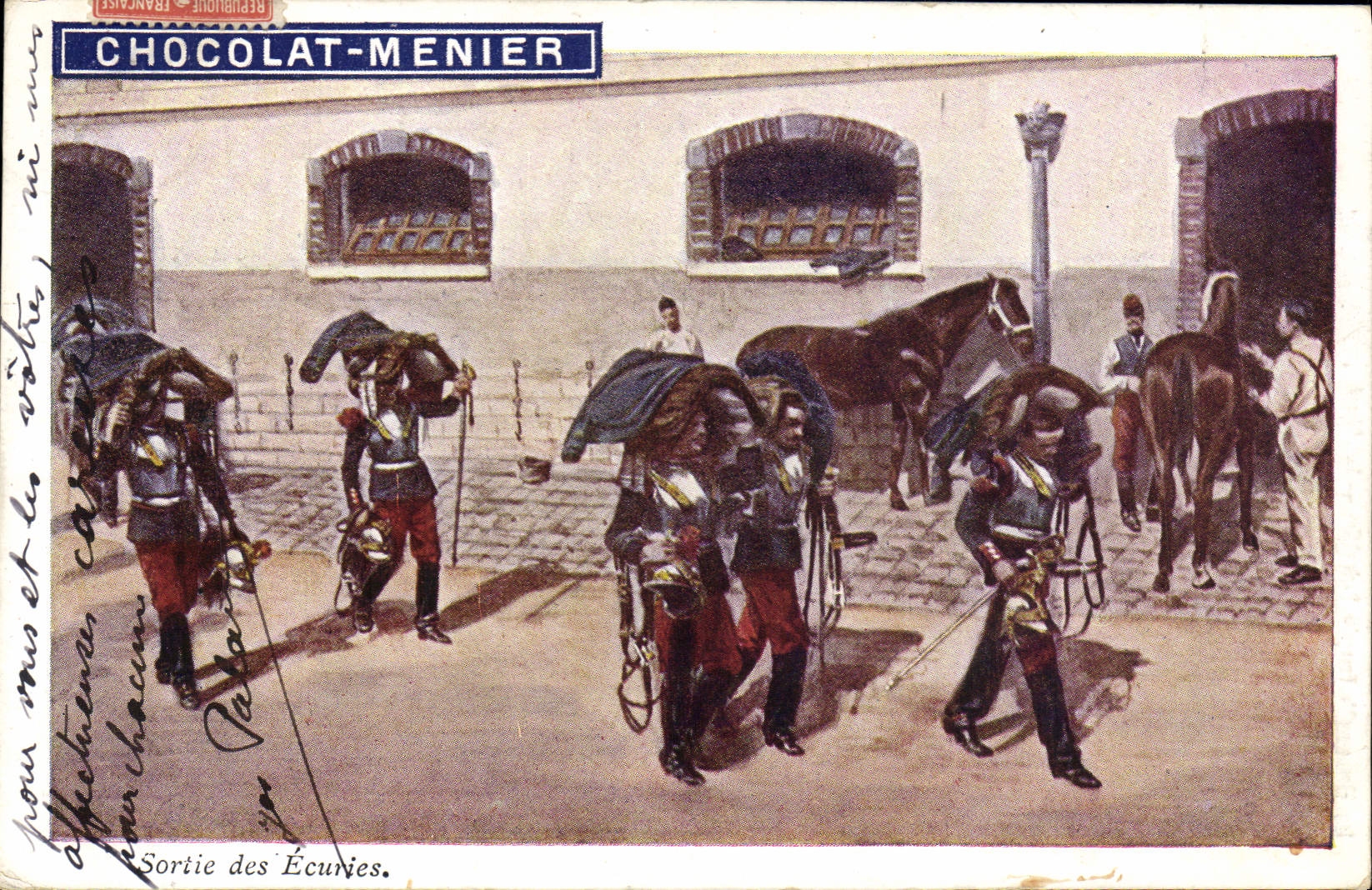 VINTAGE POSTCARD Militaria Left the stables Menier Chocolate