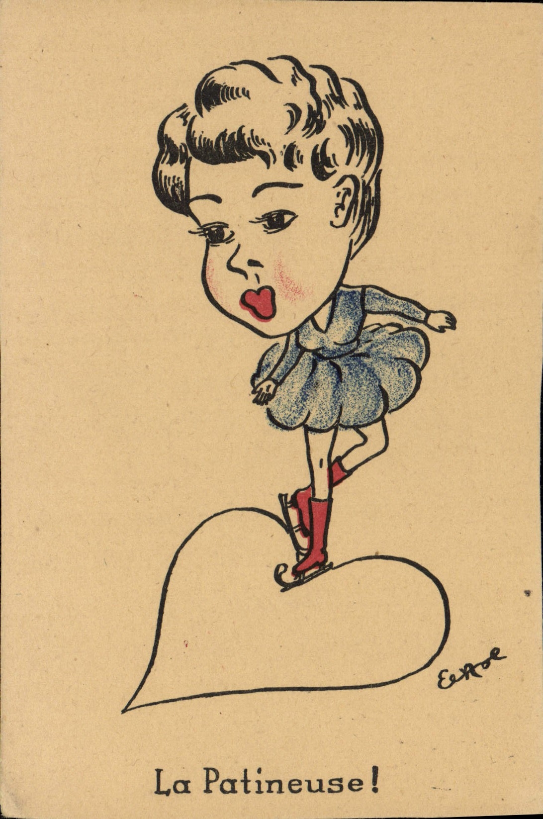 VINTAGE POSTCARD Fantasy Illustrator the skater Heart