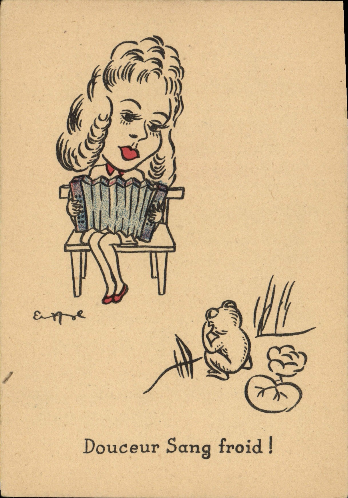 La sangre fría de la suavidad del ilustrador de Fantaisie de la POSTAL de la VENDIMIA que afianza la placa con abrazadera salpica el acordión