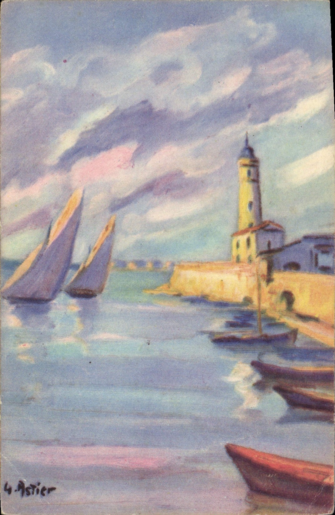 VINTAGE POSTCARD Fantasy Illustrator Boat Lighthouse