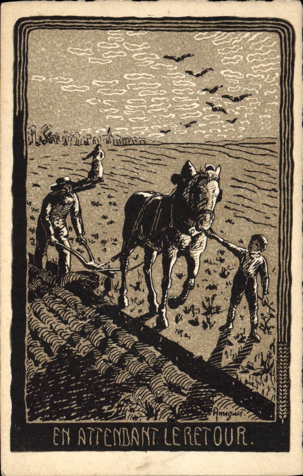 Ilustrador de la fantasía de la POSTAL de la VENDIMIA mientras que espera el caballo de arado de vuelta