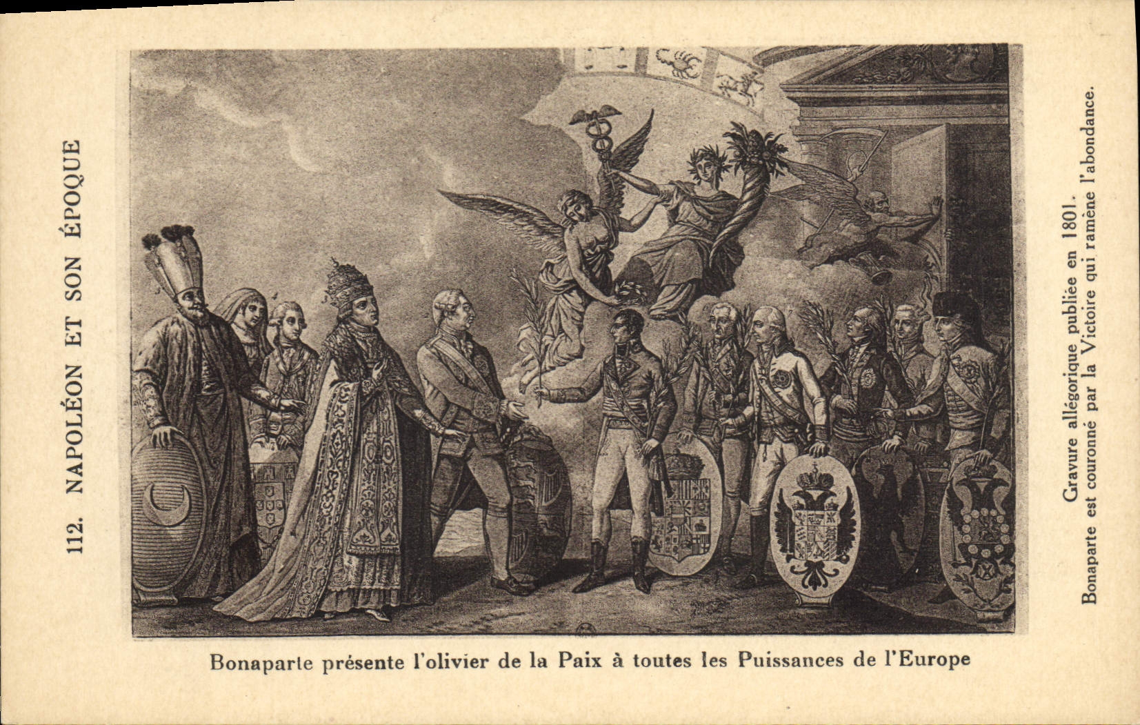 La POSTAL Napoleon 1r Bonaparte de la VENDIMIA presenta el aceituna-árbol de la paz tiene todas las energías de Europa