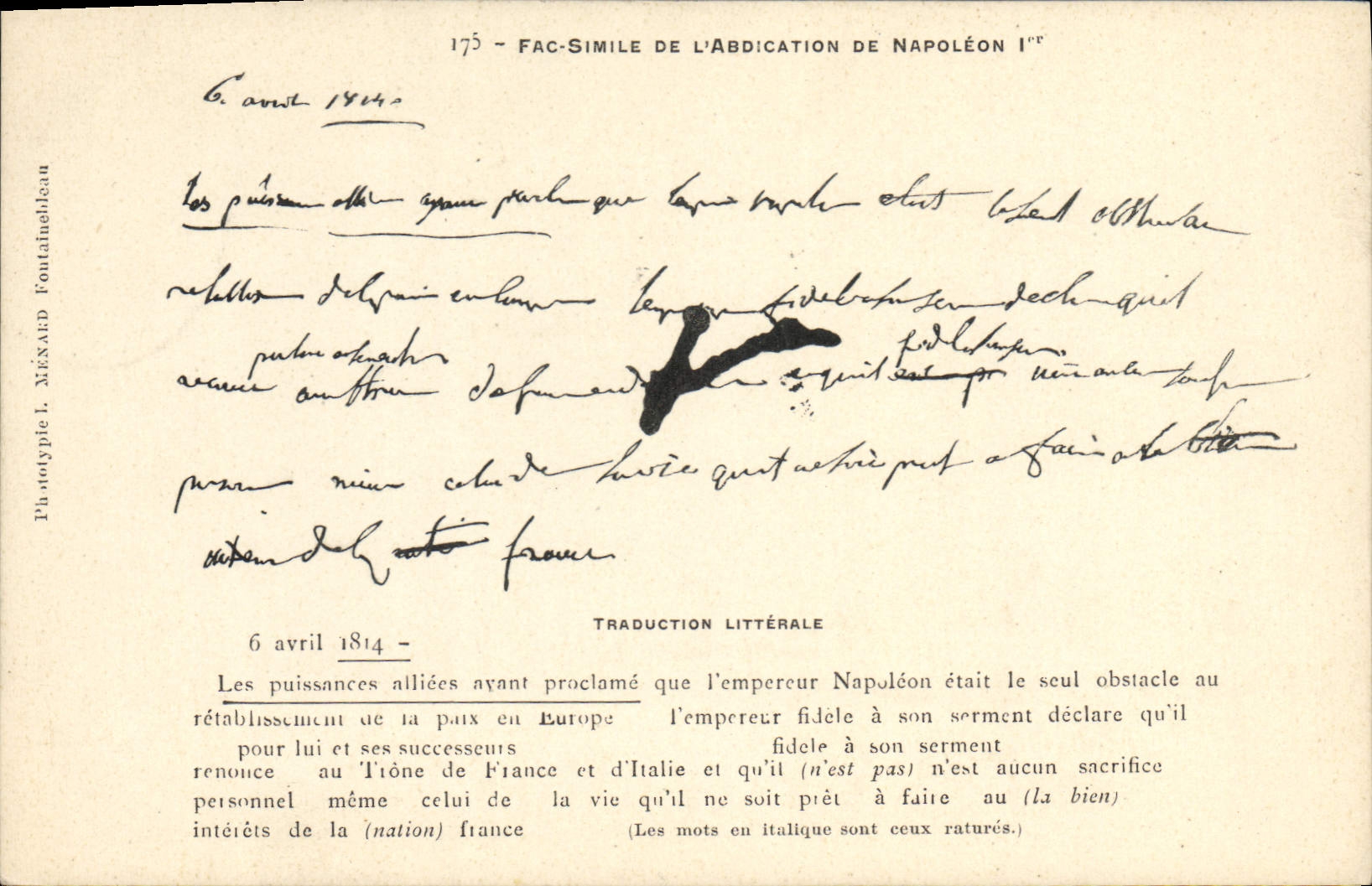 CPA Napoleon 1er Fac simile de l'abdication