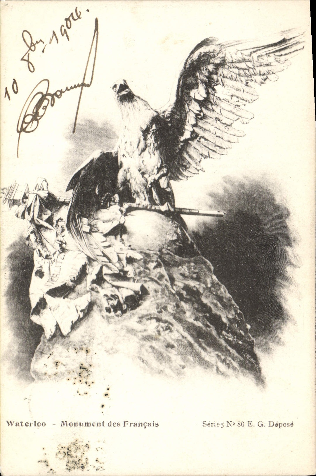 De la VENDIMIA de la POSTAL 1r Waterloo monumento de Napoleon del águila francesa