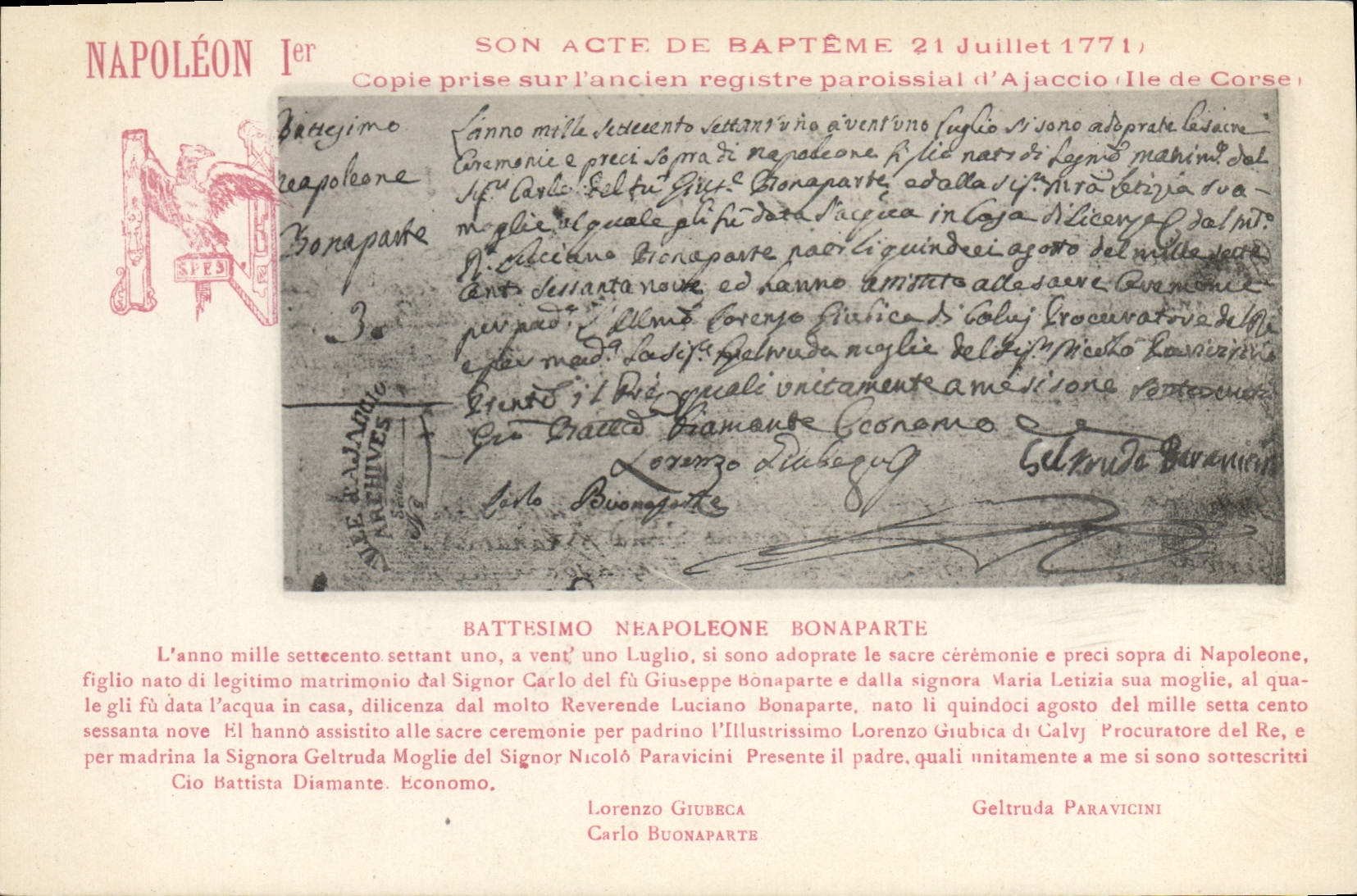 CPA Napoleon 1er Acte de bapteme 21 juillet 1771 Ajaccio Corse 