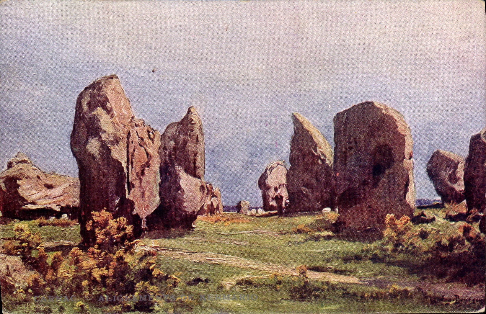 VINTAGE POSTCARD Dolmen Menhir Carnac Alignments of Kermario Illustrator