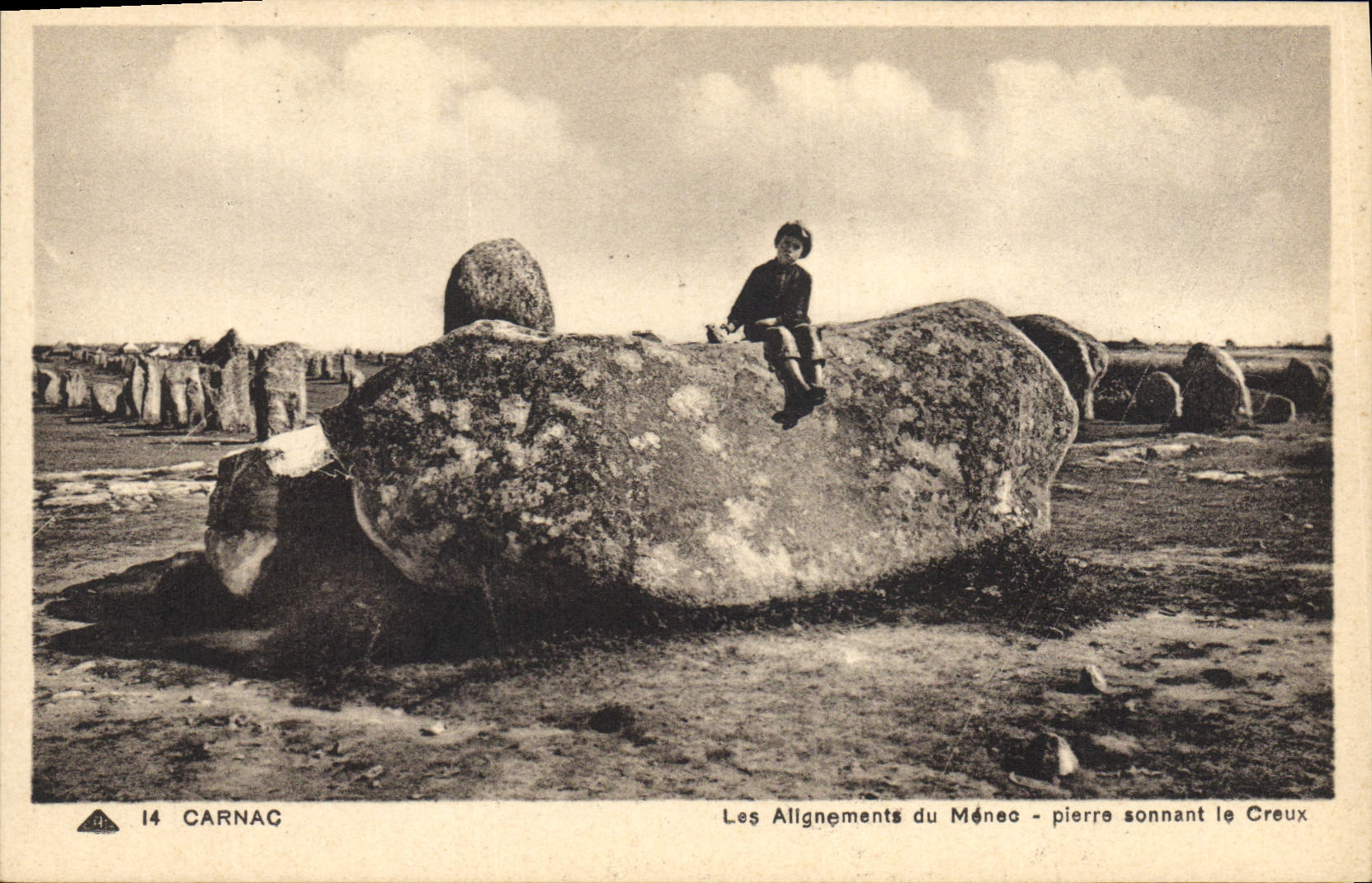VINTAGE POSTCARD Dolmen Carnac Menhir alignments of Menec Pierre sounding the Hollow Child Folklore