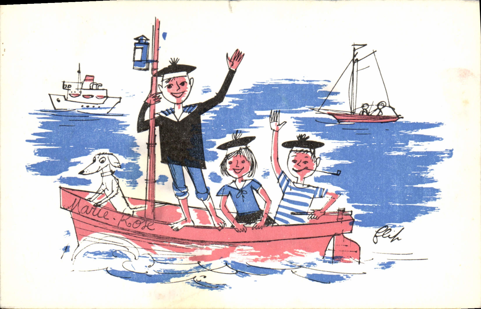 Perro del barco de los niños del ilustrador de la fantasía de la POSTAL de la VENDIMIA