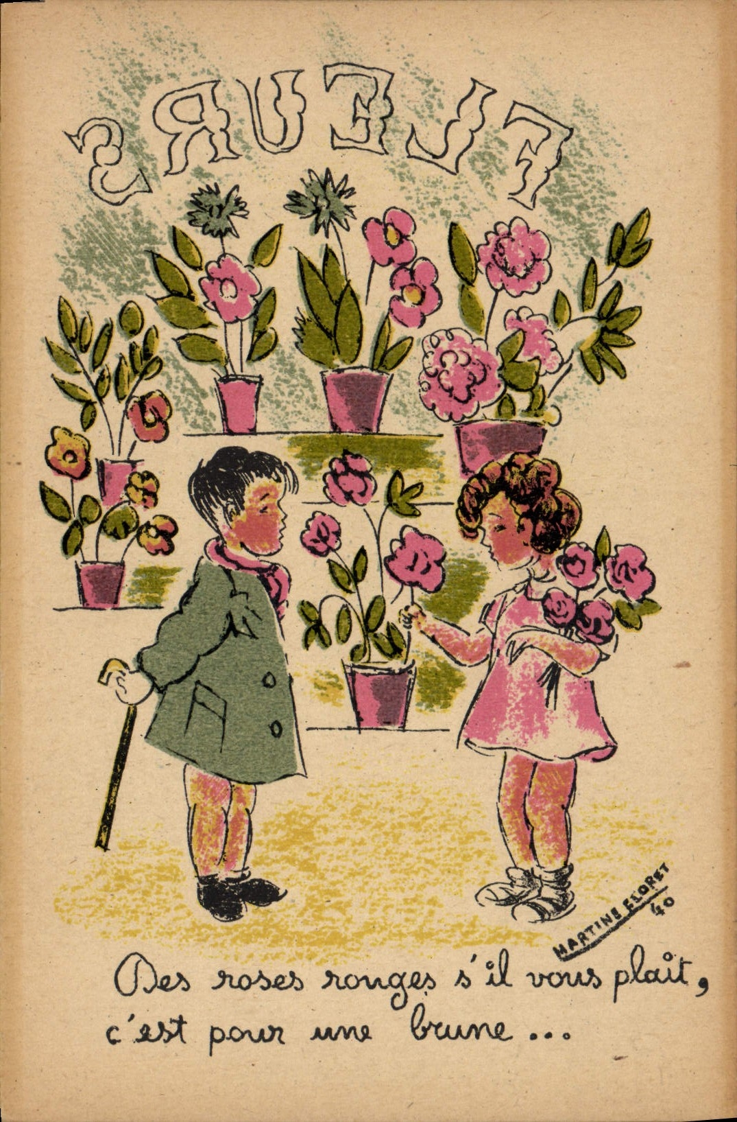 Flores de los niños del ilustrador de la fantasía de la POSTAL de la VENDIMIA