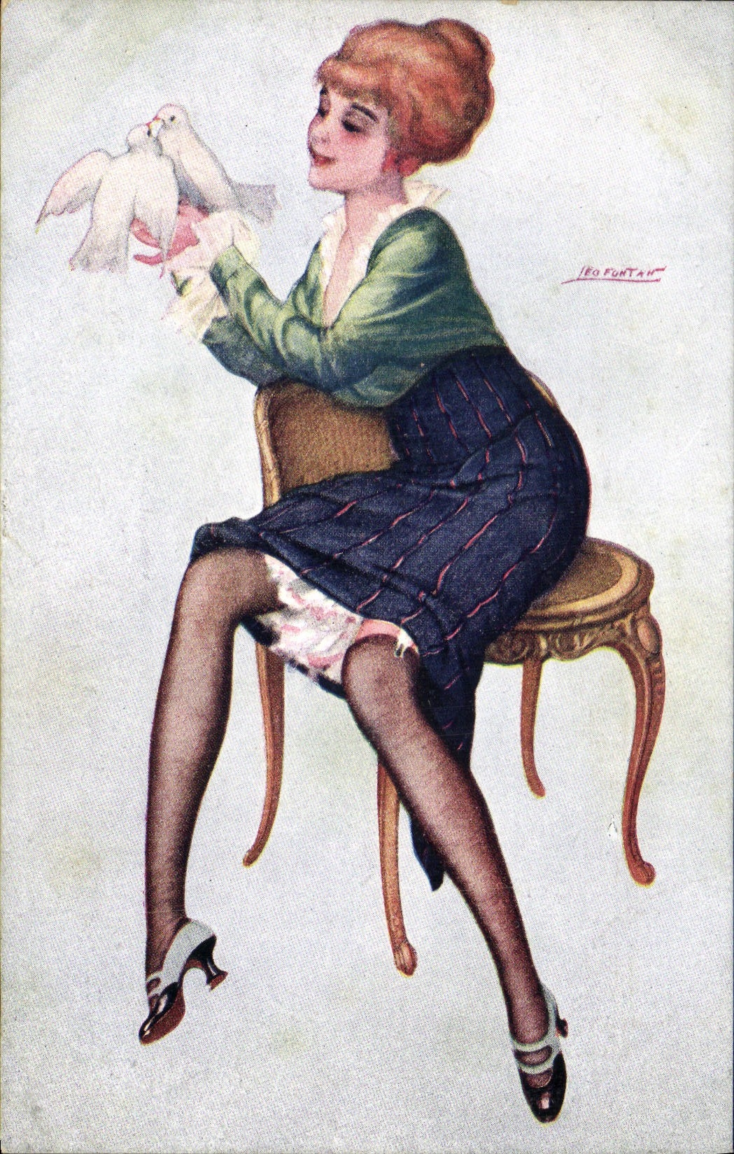 Mujer del ilustrador de la fantasía de la POSTAL de la VENDIMIA la primera lección del amor de Leo Fontan