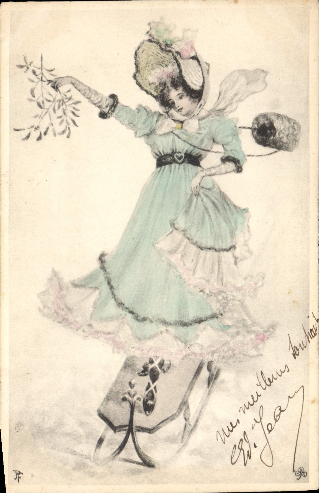 Trineo largo de la mujer del ilustrador de la fantasía de la POSTAL de la VENDIMIA