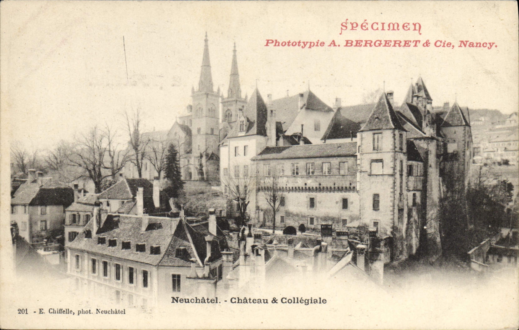 VINTAGE POSTCARD Postcards Specimen Bergeret Nancy Neuchâtel Castle and collegial Swiss
