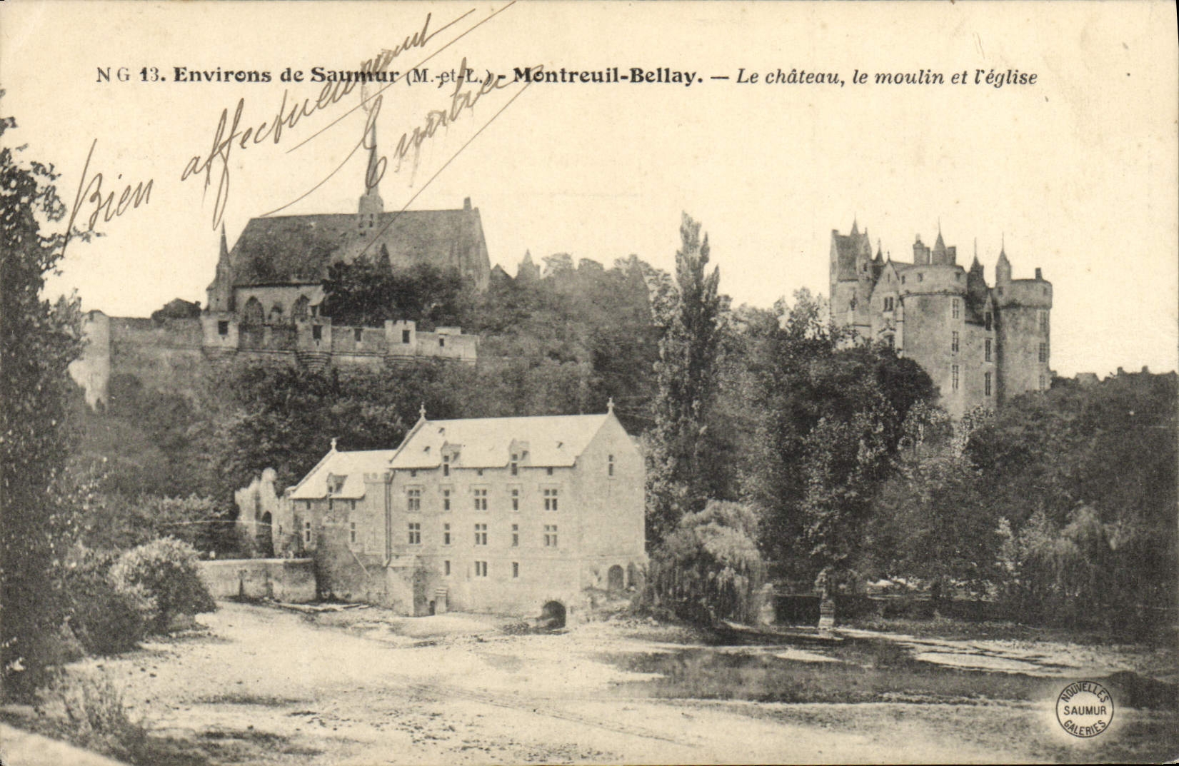 VINTAGE POSTCARD Water mill Environs of Saumur Montreuil Bellay the castle the mill and the church