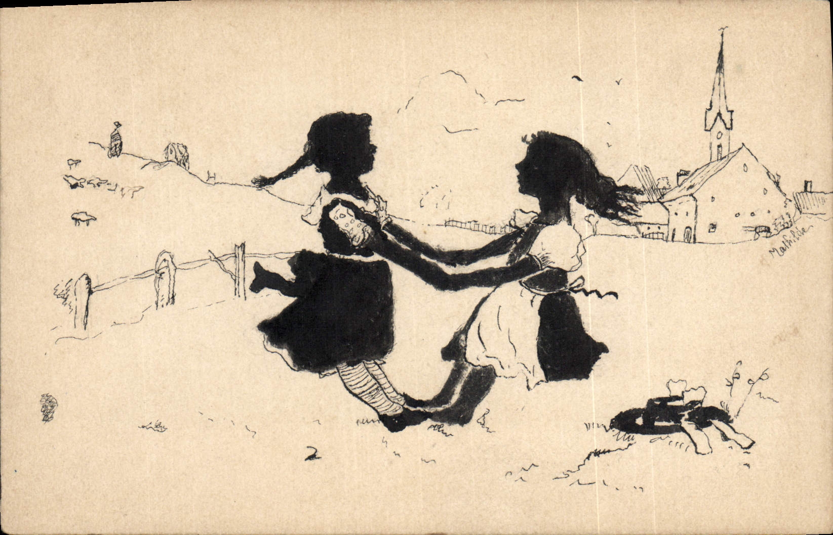 VINTAGE POSTCARD Against the light Brittany Children