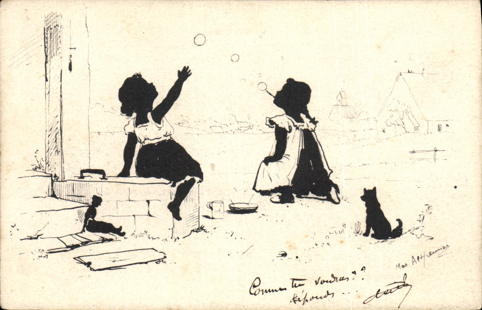 VINTAGE POSTCARD Against the light Children Cat