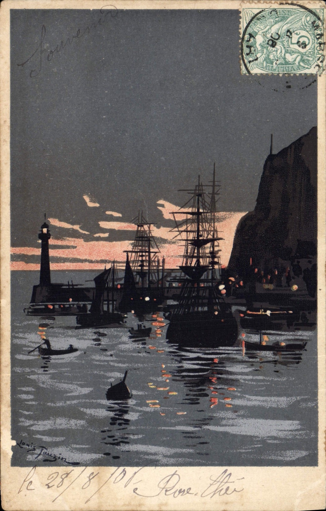 VINTAGE POSTCARD Against the light sailing Boat