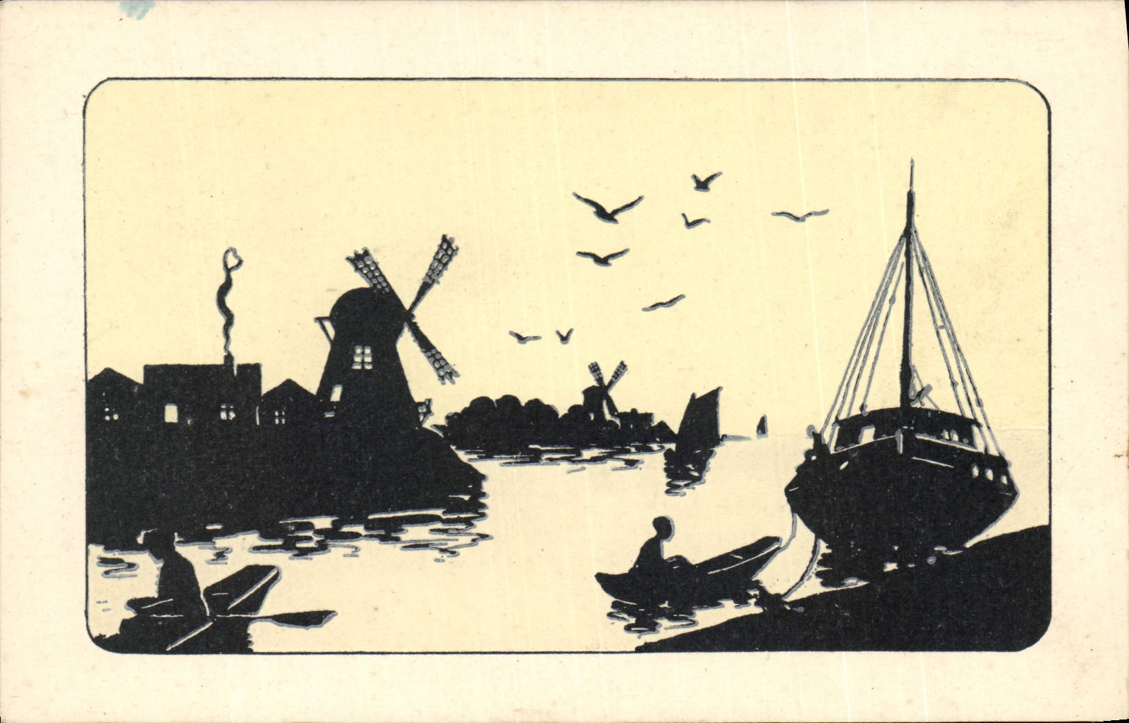 VINTAGE POSTCARD Against the light Boat Windmill