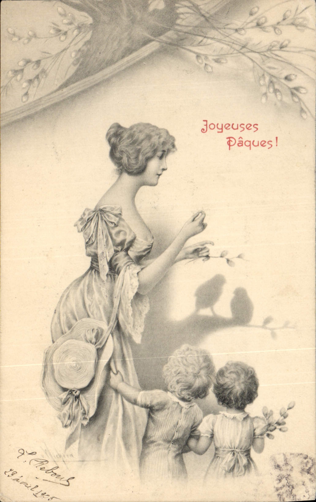 VINTAGE POSTCARD Fantasy Woman Children Chinese Shade