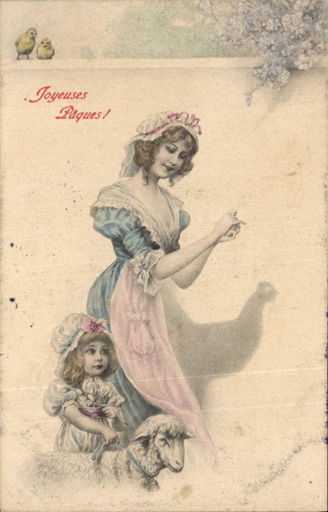 VINTAGE POSTCARD Fantasy Woman Children Chinese Shade Hen