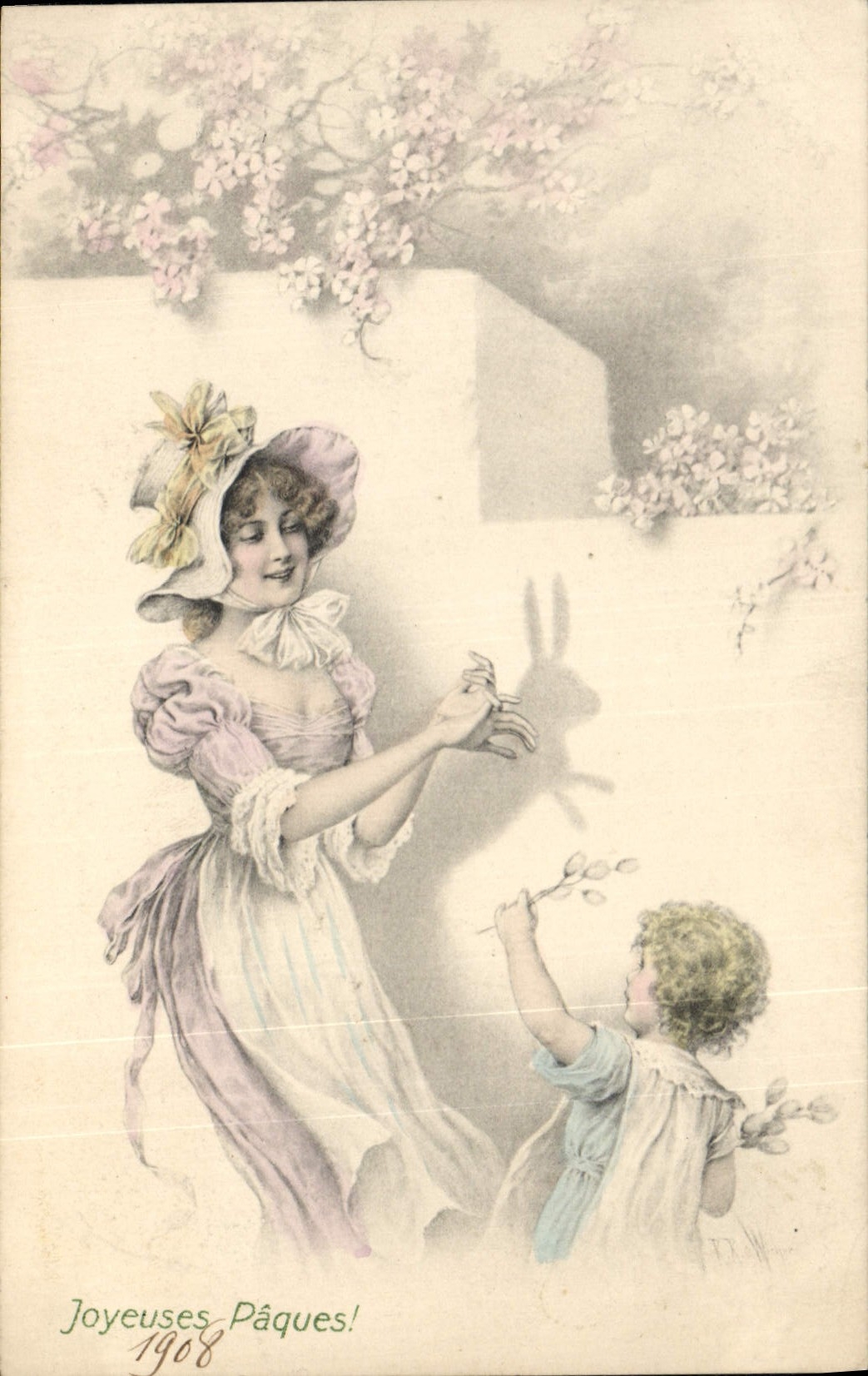 CPA Fantaisie Femme Enfants Ombre chinoise Lapin