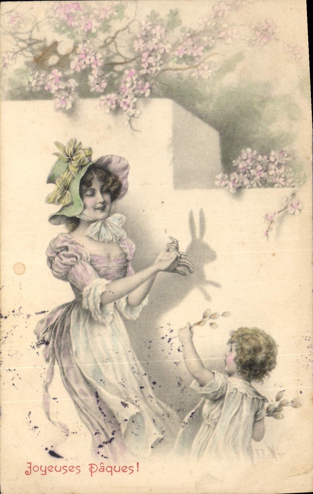 CPA Fantaisie Femme Enfants Ombre chinoise Lapin