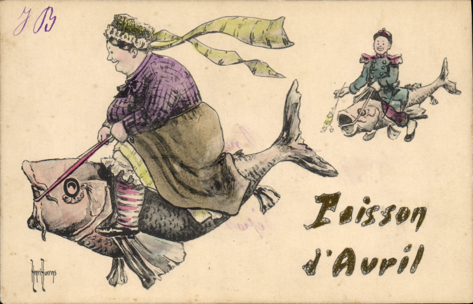 VINTAGE POSTCARD Fantasy Illustrator Woman Poisson d' Avril