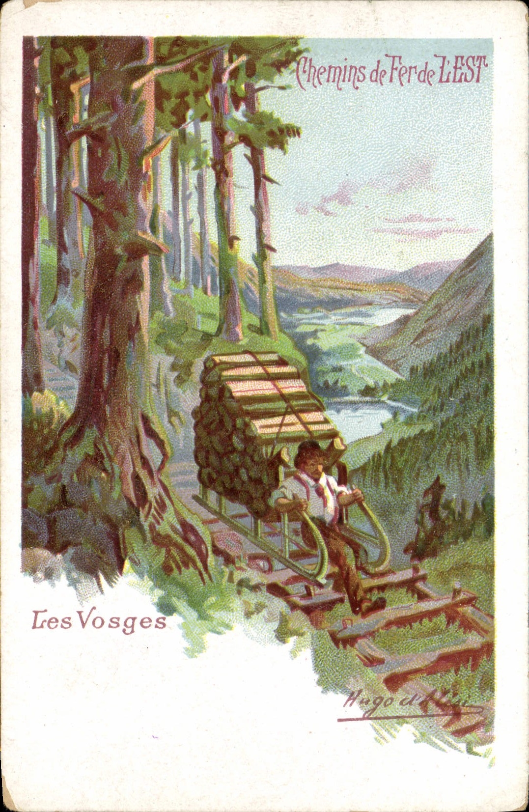 VINTAGE POSTCARD Fantasy Illustrator Railroads of the East the Vosges Schlitteur