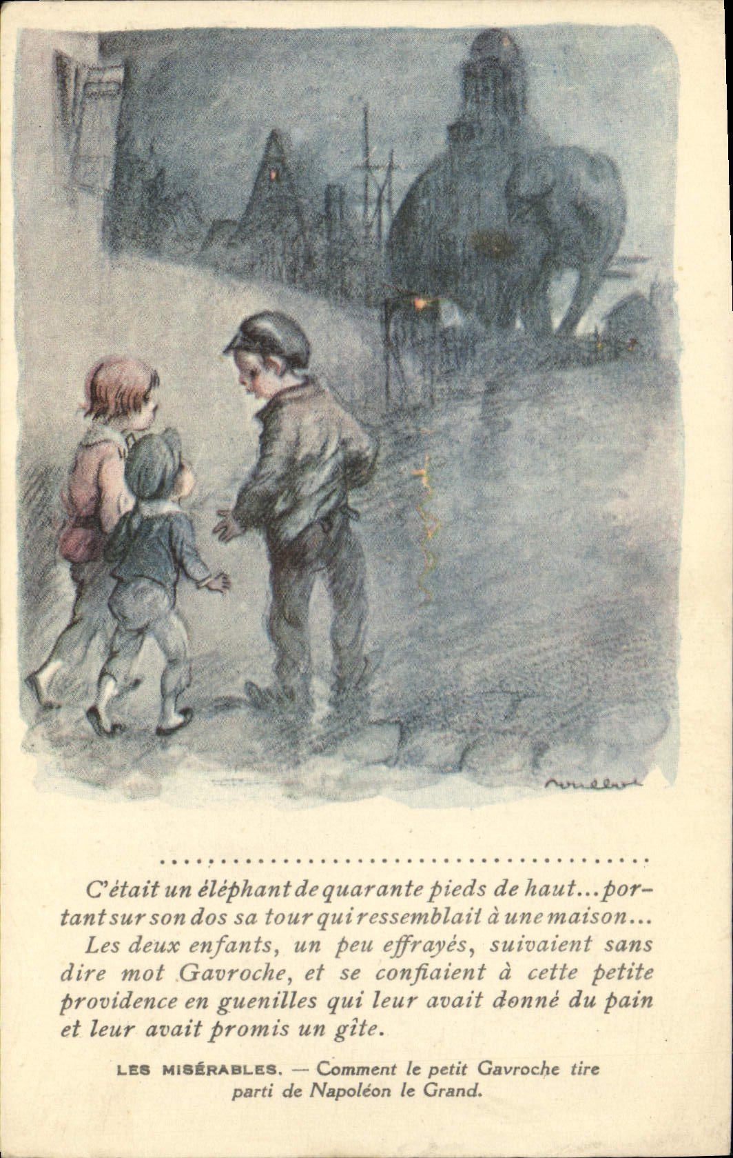 CPA Fantaisie Illustrateur Poulbot Victor Hugo Les Miserables Gavroche Napoleon Elephant