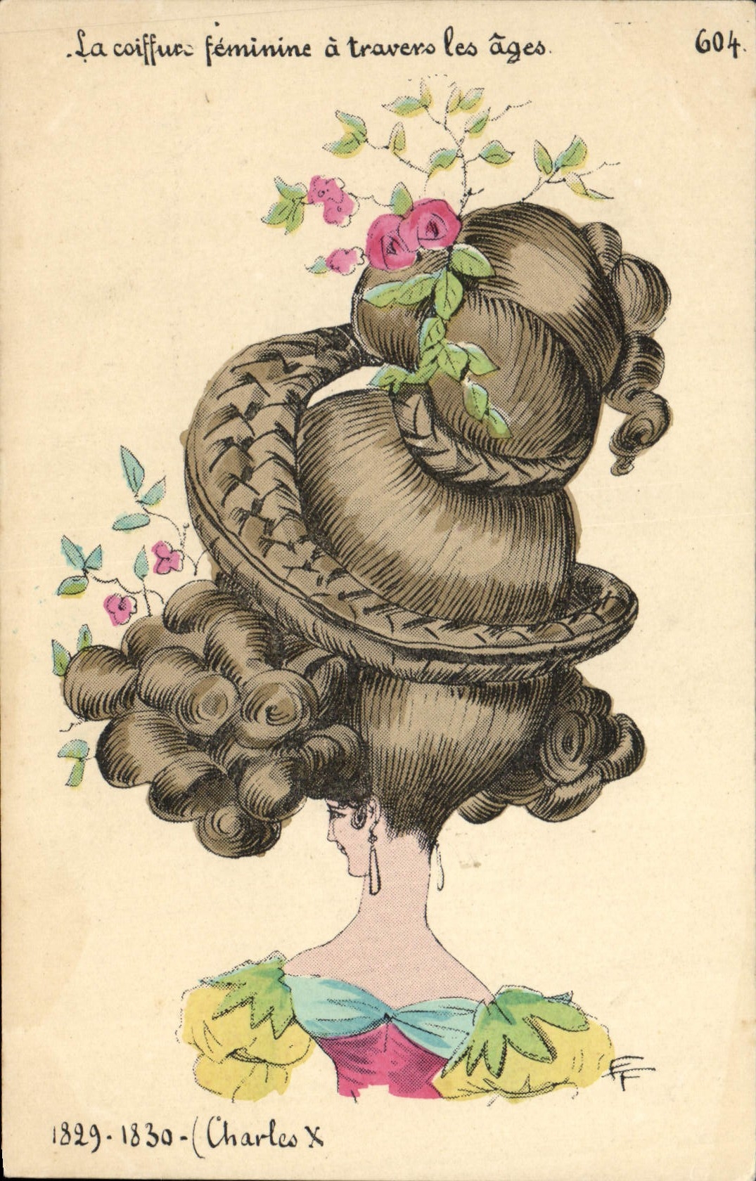 VINTAGE POSTCARD Fantasy Illustrator the female hairstyle through old the Charles X Hairdresser
