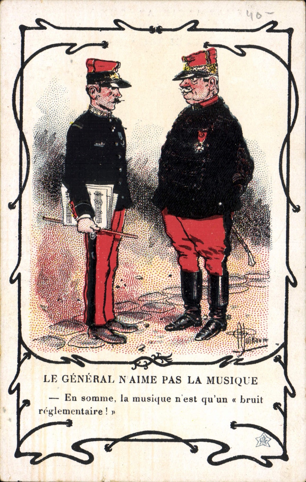VINTAGE POSTCARD Fantaisie Illustrator Albert Guillaume Militaria the general one does not like the music