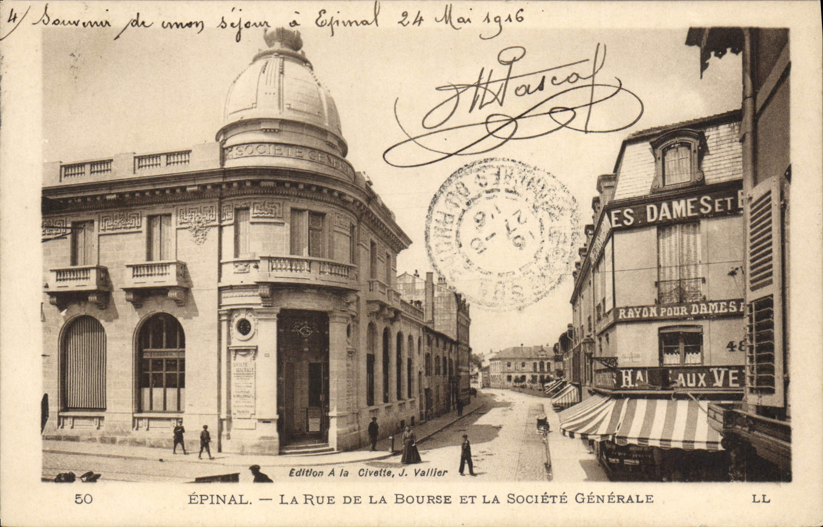 VINTAGE POSTCARD Epinal Bank the street of the Stock Exchange and the General society