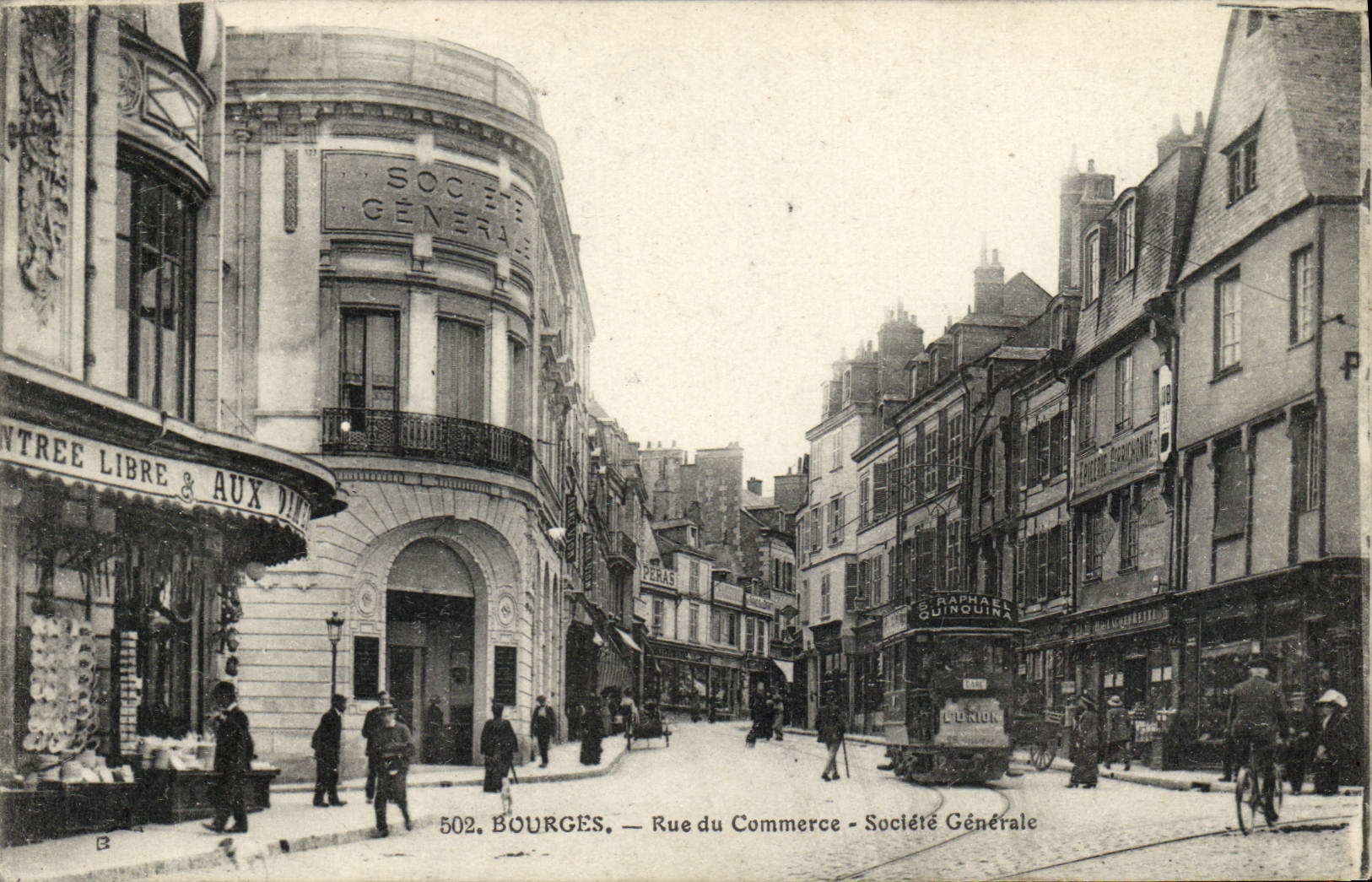 VINTAGE POSTCARD Bank Bourges Street the commercial General society Tram