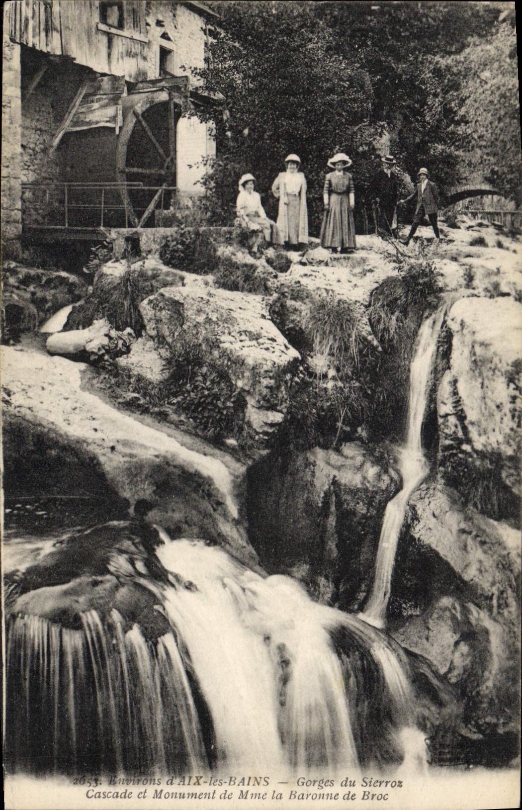 VINTAGE POSTCARD Water mill Environs of Aix les Bains Gorges of Sierroz Cascade and monument of Mrs. the baroness of Pitcher