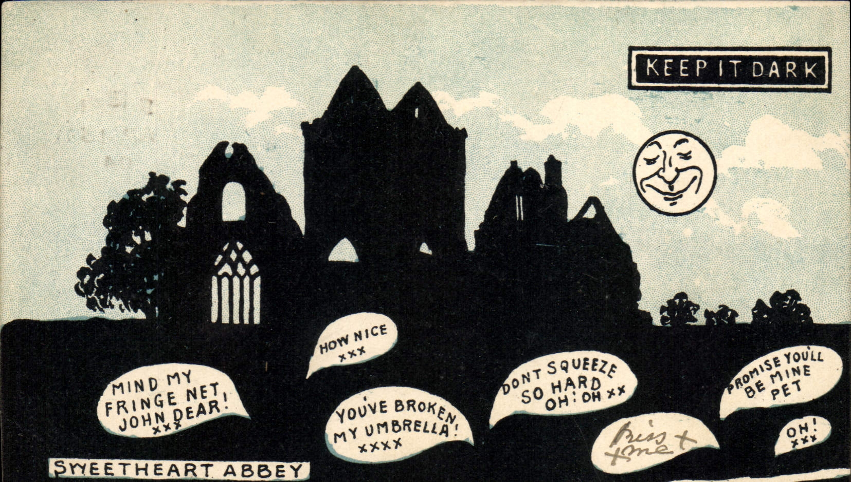 VINTAGE POSTCARD Against the light keep it dark sweetheart Abbey